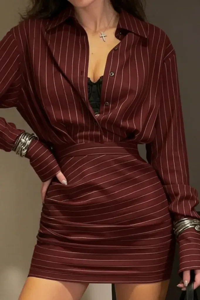 Wine Pinstripe Buttoned Mini Dress - Image 1