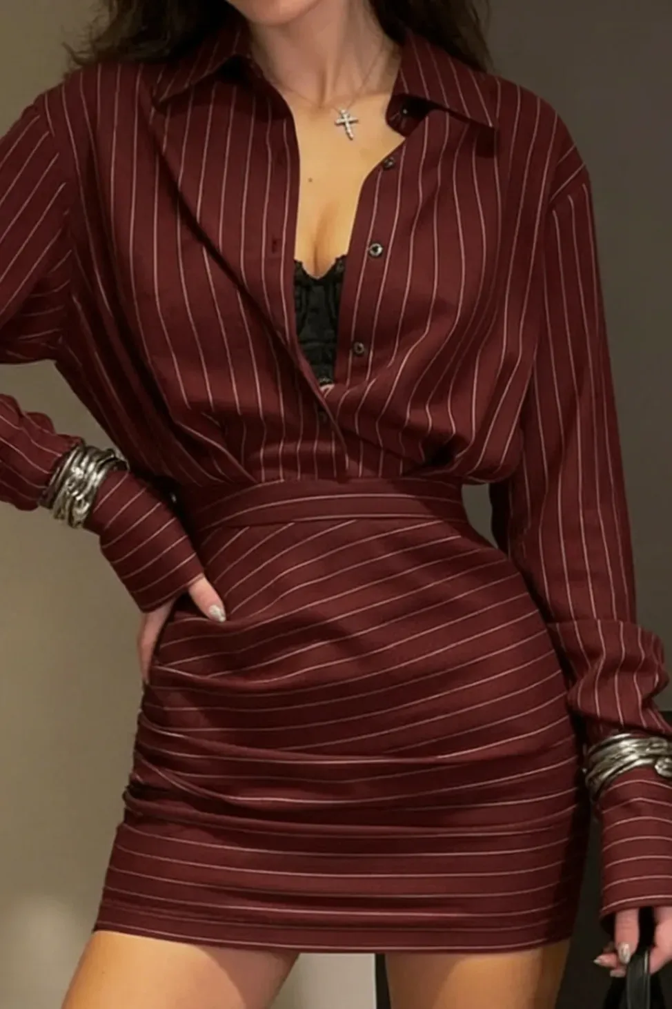 Wine Pinstripe Buttoned Mini Dress