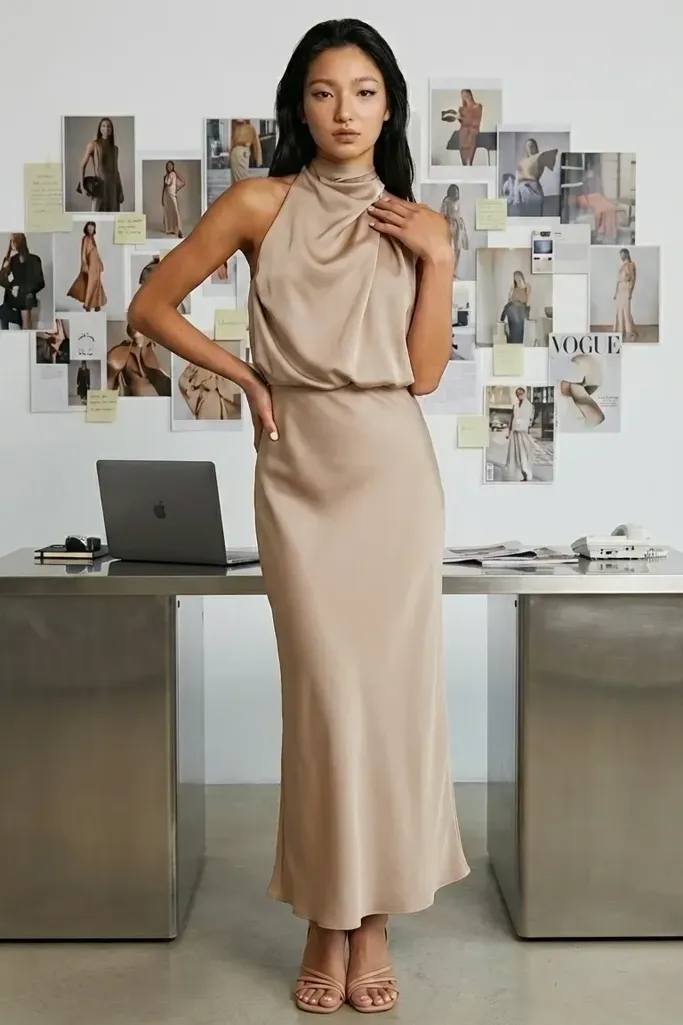 Beige Solid High Neck Maxi Dress - Image 1