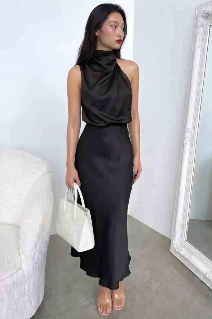 Black Solid High Neck Maxi Dress - Image 1