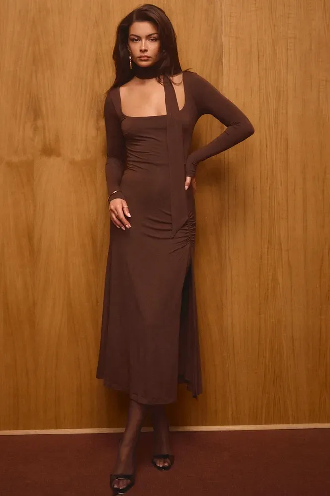Brown Solid Square Neck Midi Dress - Image 1