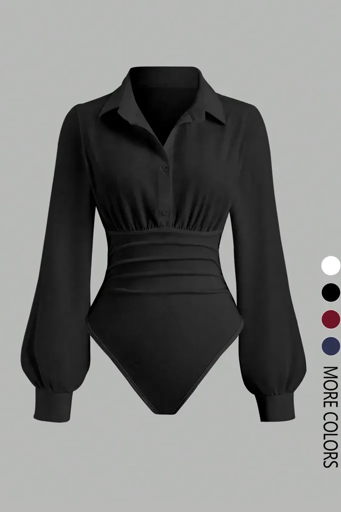 Black Draped Buttoned Bodysuit - Image 1