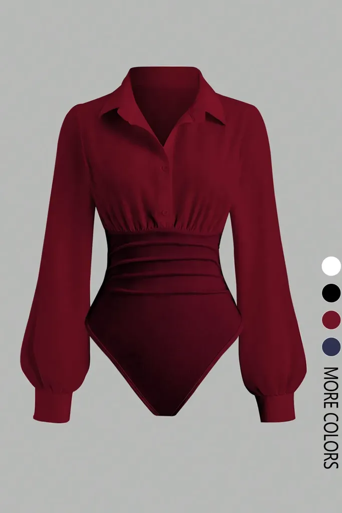 Maroon Draped Button-Up Bodysuit - Image 1