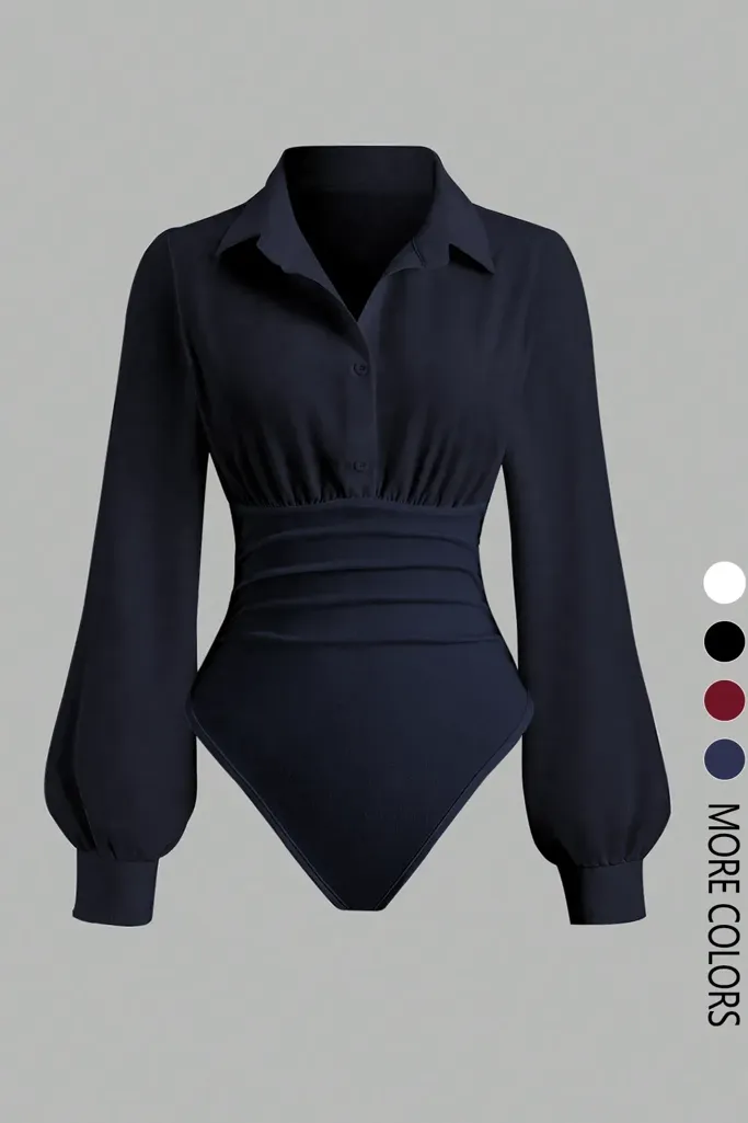 Navy Blue Draped Buttoned Bodysuit - Image 1