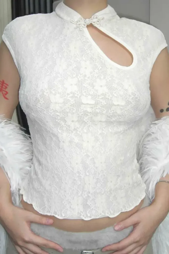 White Lace Mandarin Collar Top - Image 1