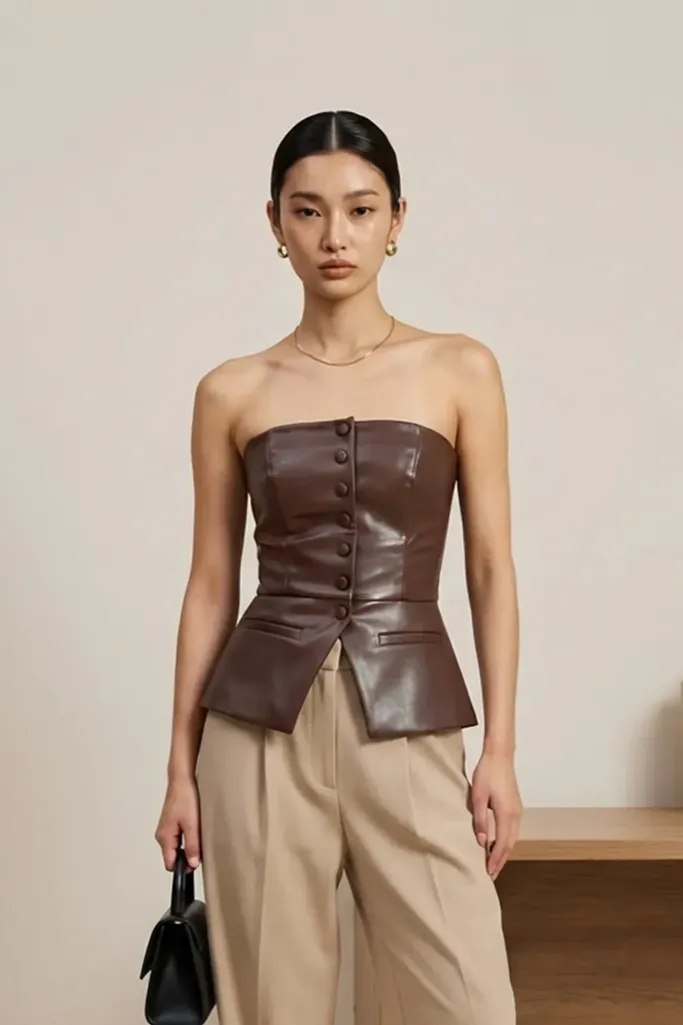 Brown Pu Tube Neck Top - Image 1