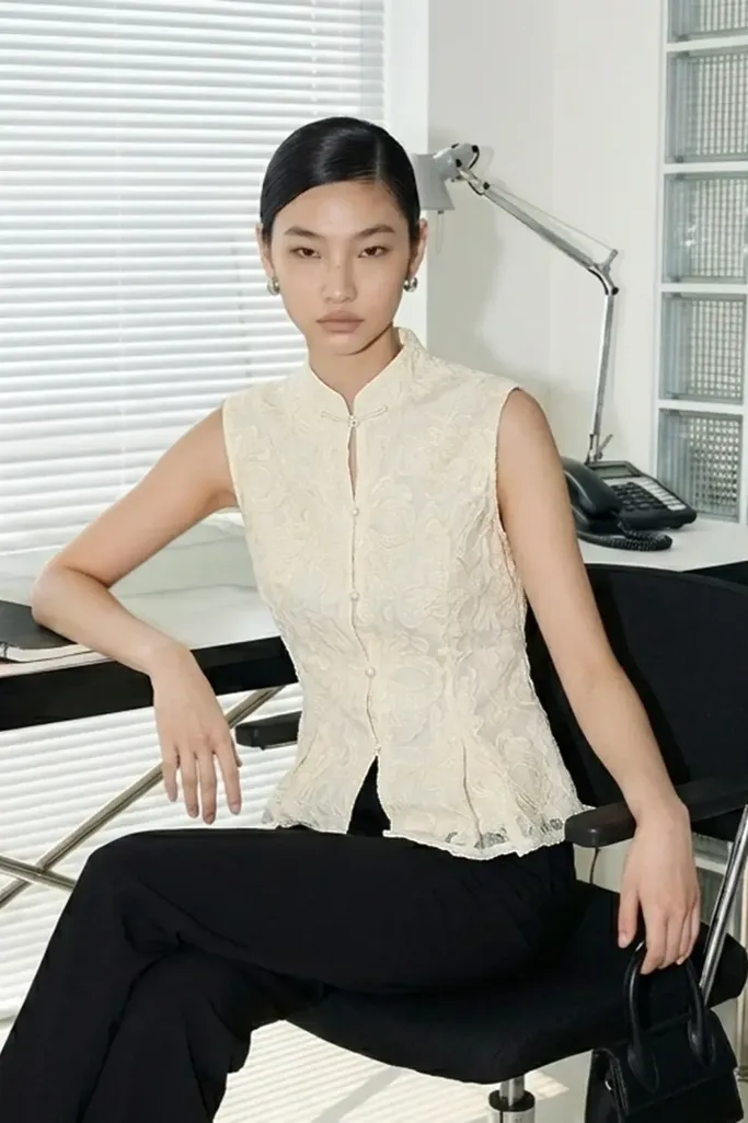 Beige Mandarin Lace-Insert Top - Image 1