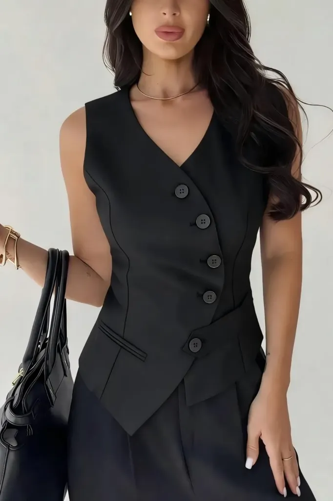 Black Solid Buttoned V-Neck Top - Image 1