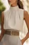 Beige Pleated High Neck Top