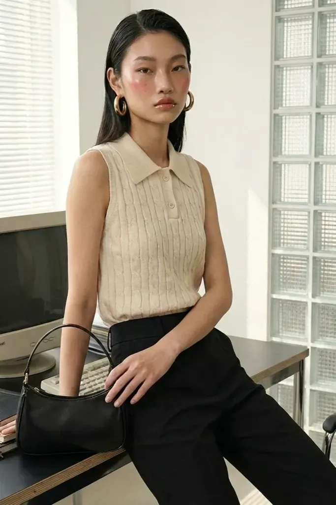 Beige Polo Collared Top - Image 1