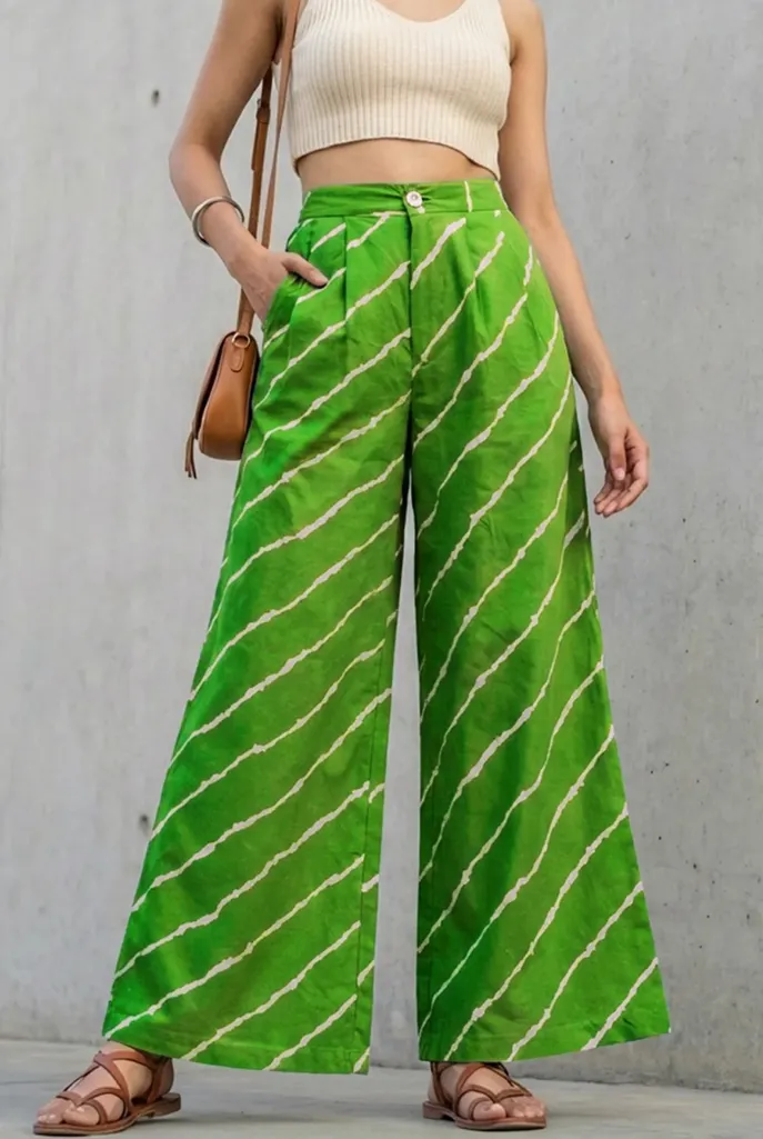 Green Ethnic Striped High Rise Pants - Image 1