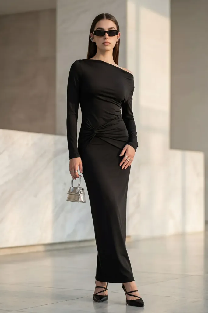 Black Ruched Off-Shoulder Maxi Dress - Image 1