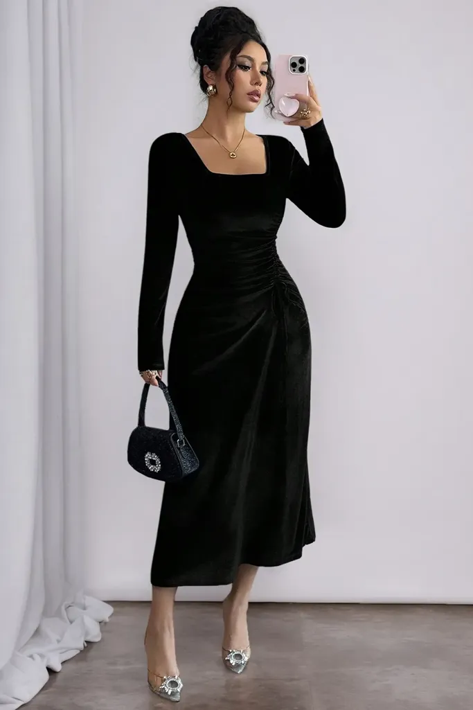 Black Ruched Bodycon Midi Dress - Image 1