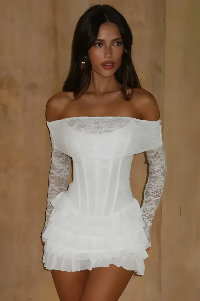 White Off Shoulder Ruffled Mini Dress - Image 1