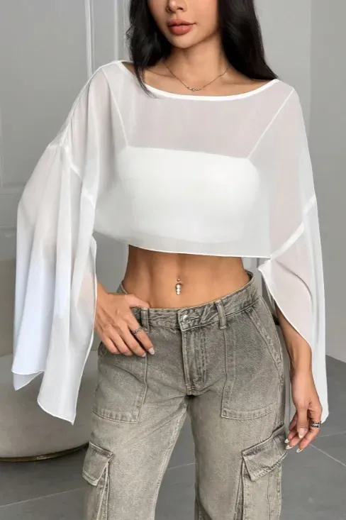 White Sheer Round Neck Crop Top - NEWME