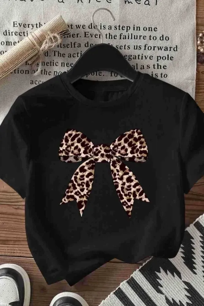 Black Round Neck Bow T-Shirt - Image 1