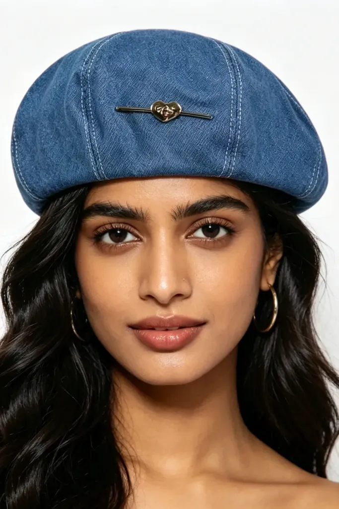 Blue Denim Bow Beret Hat - Image 1