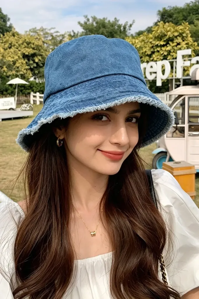 Blue Denim Frayed Bucket Hat - Image 1
