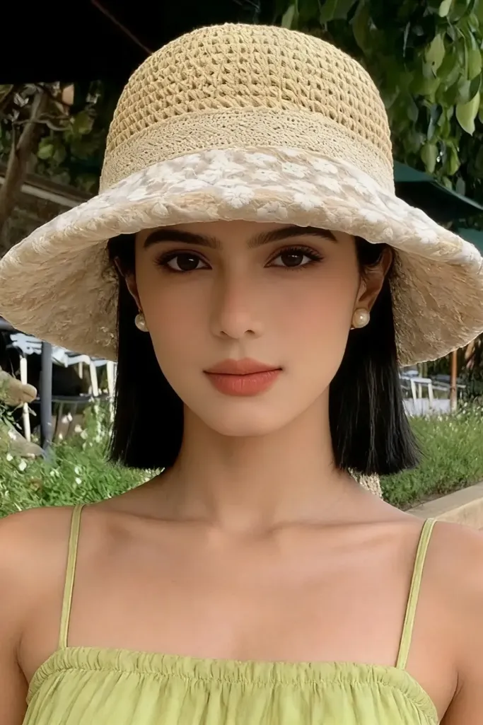 Beige Crochet Floral Hat - Image 1