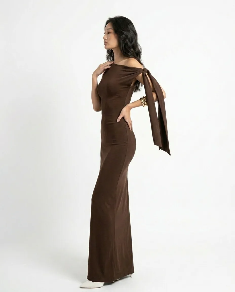 Brown Solid Tie Up Maxi Dress - NEWME