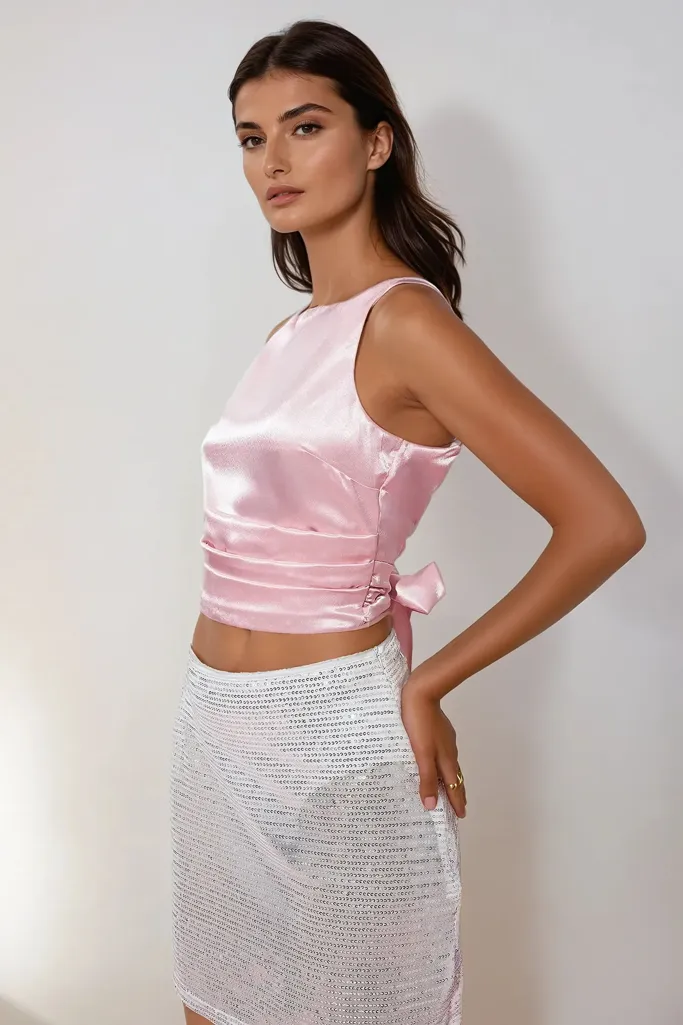 Pink Solid Tie Up Back Crop Top - Image 1