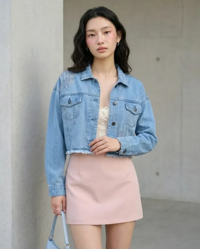 Light Blue Frayed Hem Denim Jacket - Image 1