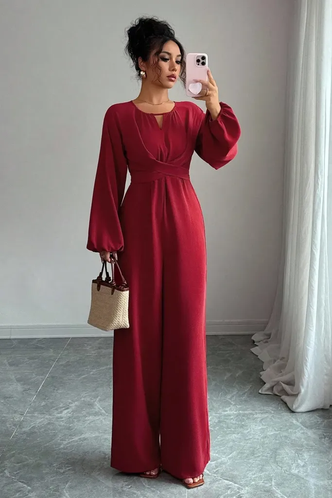 Red Solid Balloon Sleeve Jumpsuit - Image 1