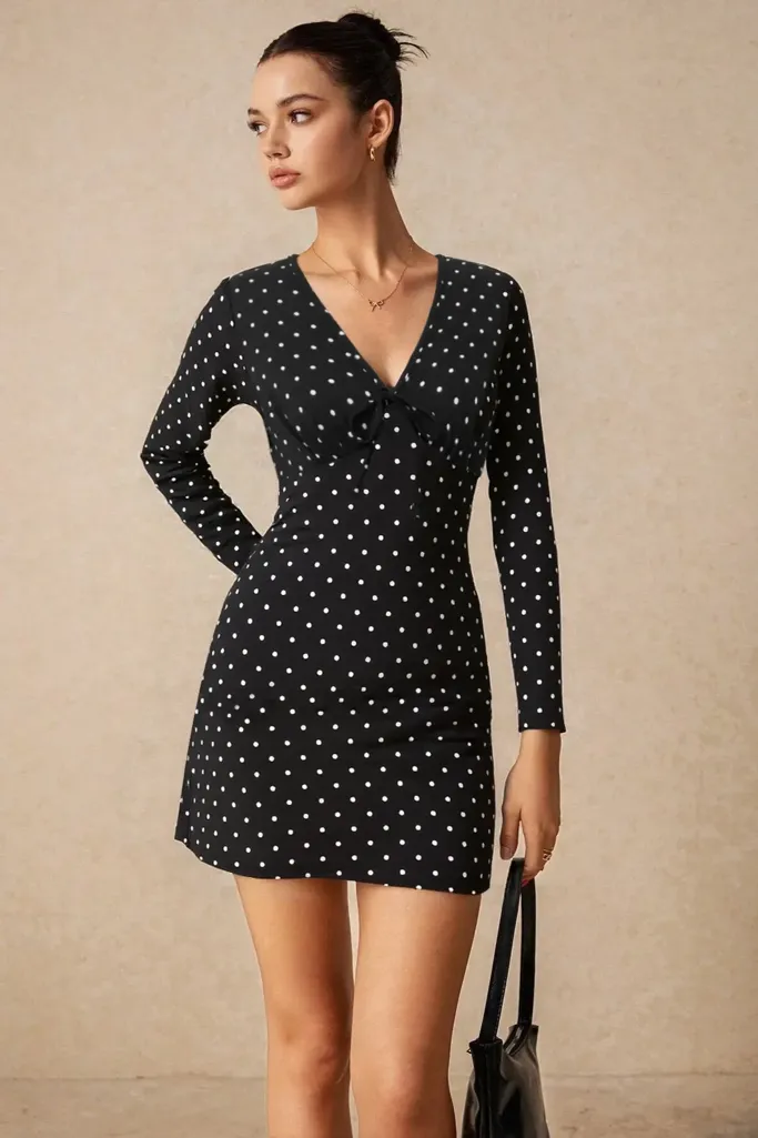 Black Polka Dot V-Neck Mini Dress - Image 1