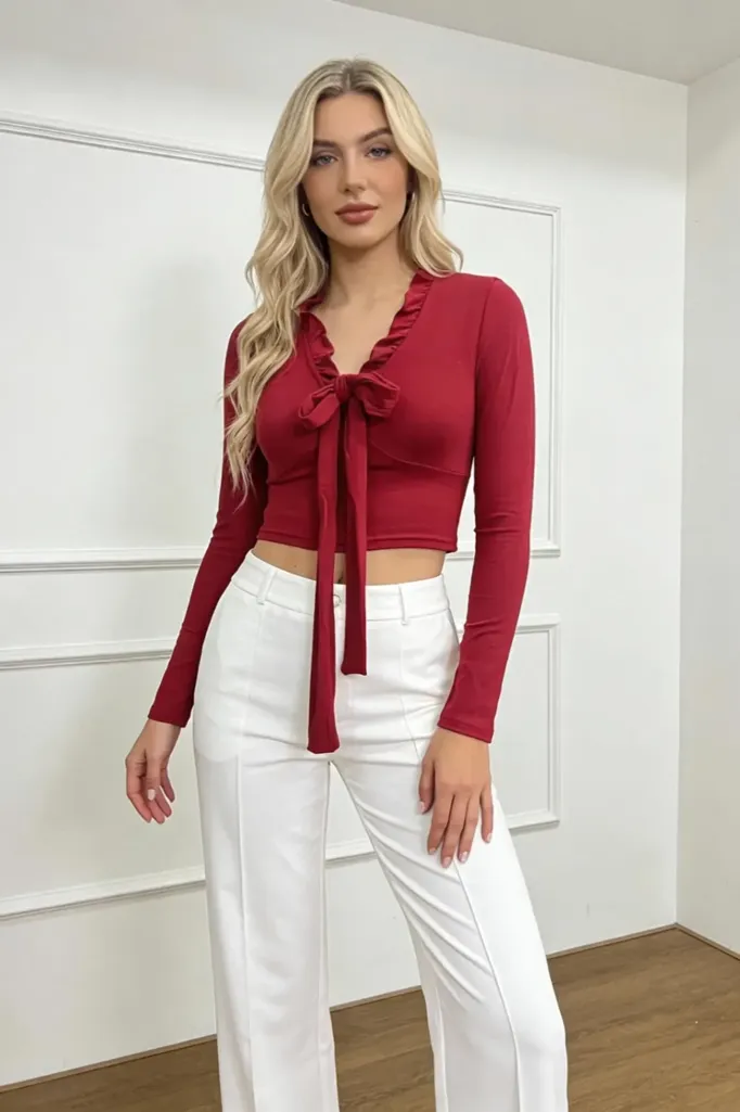 Red Solid V-Neck Top - Image 1