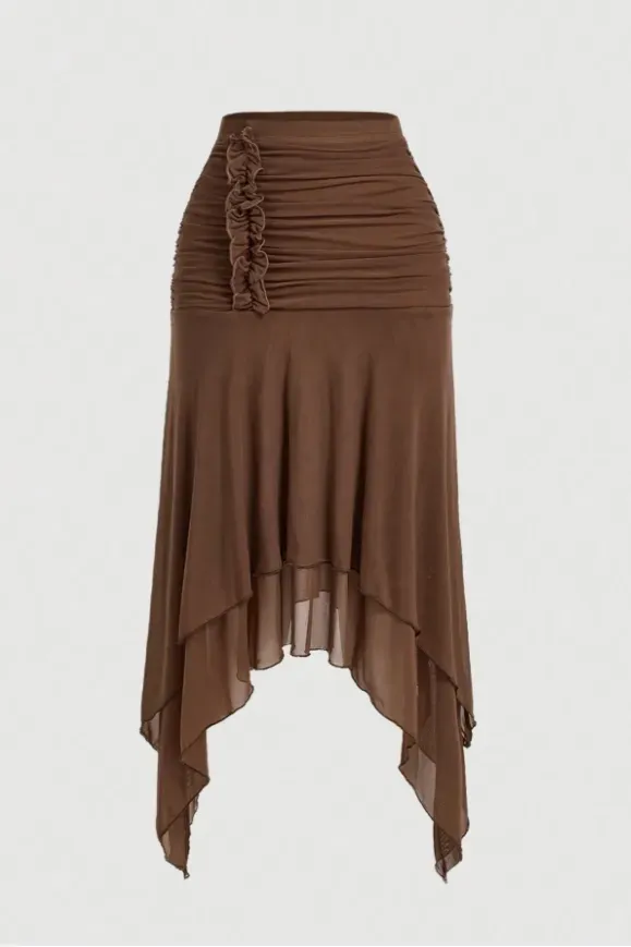 Brown Ruched High-Rise Midi Skirt - Image 1
