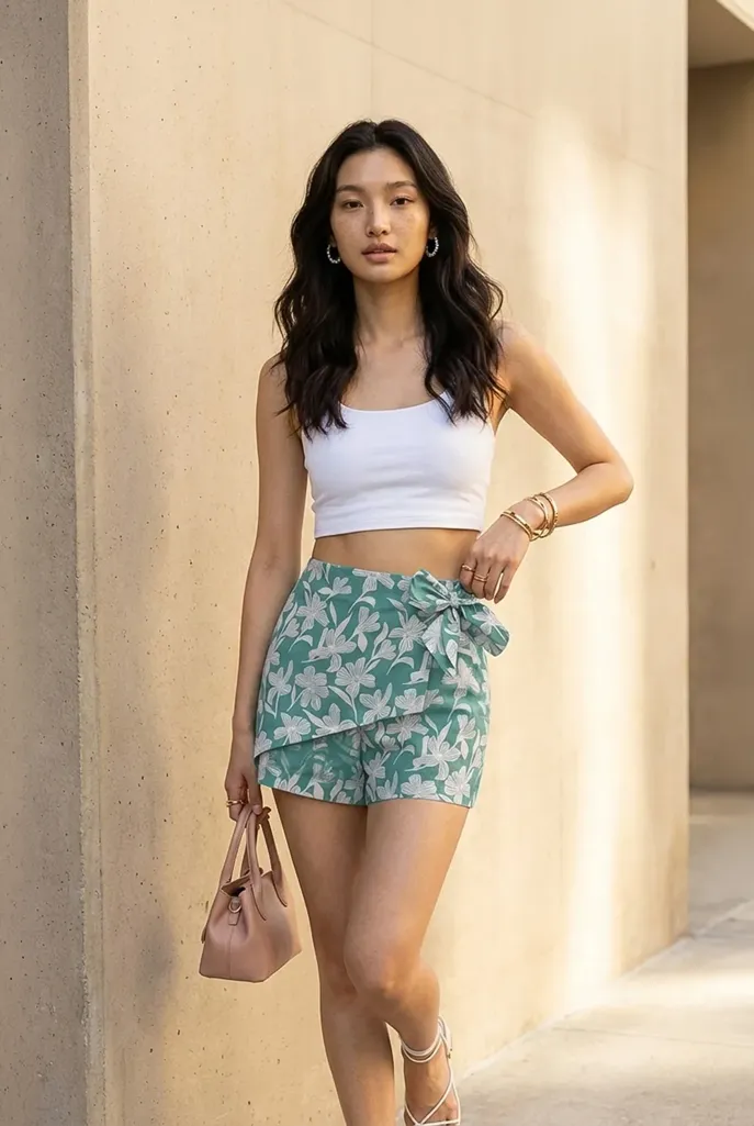 Green Floral Wrap Skorts - Image 1