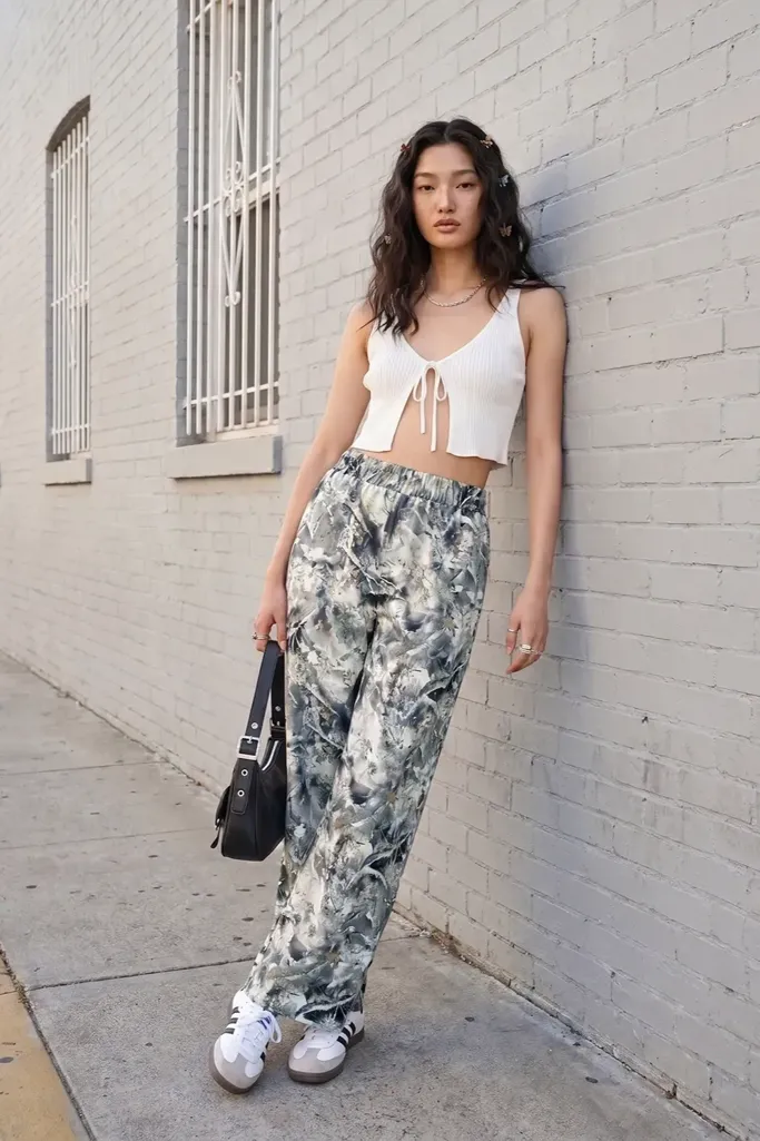 Grey Printed Mid-Rise Pants - Image 1
