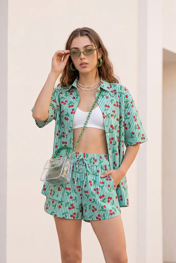 Green Striped Cotton Blend Co-Ord Set - Image 1