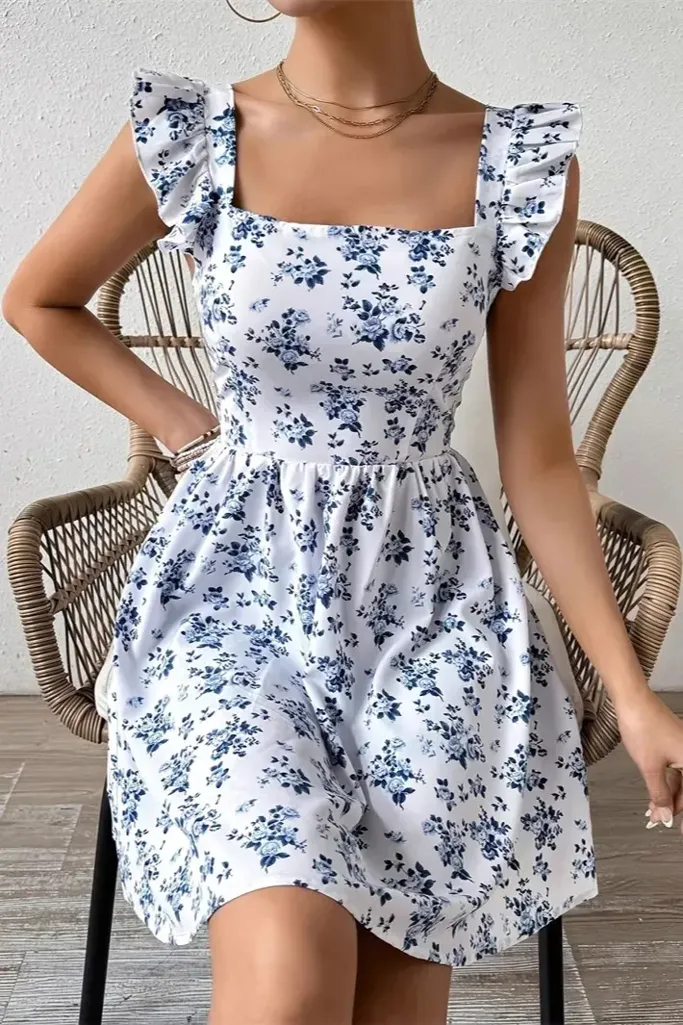 White Floral Ruffle Sleeve Mini Dress - Image 1