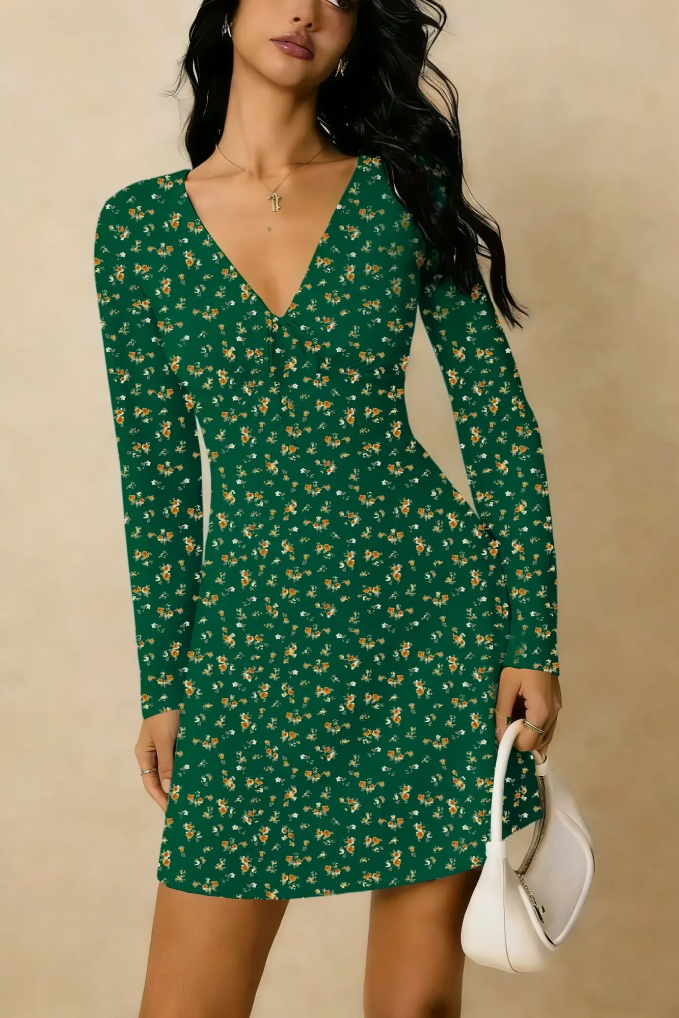 Green Floral V-Neck Mini Dress