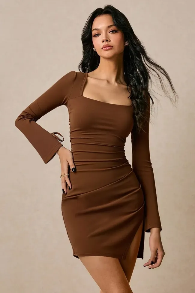 Brown Ruched Bodycon Mini Dress - NEWME