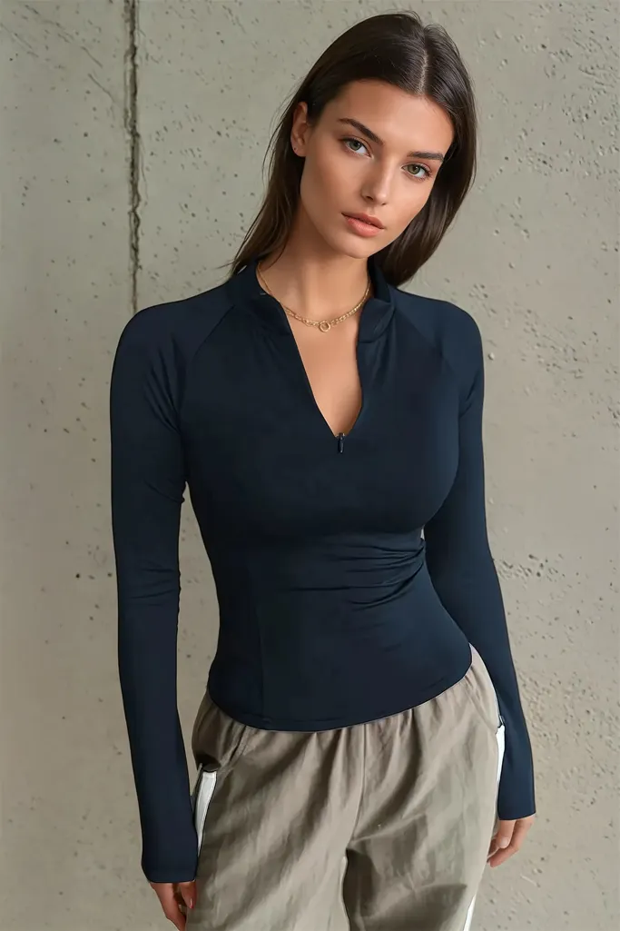 Navy Solid Regular Mock Neck Top - Image 1