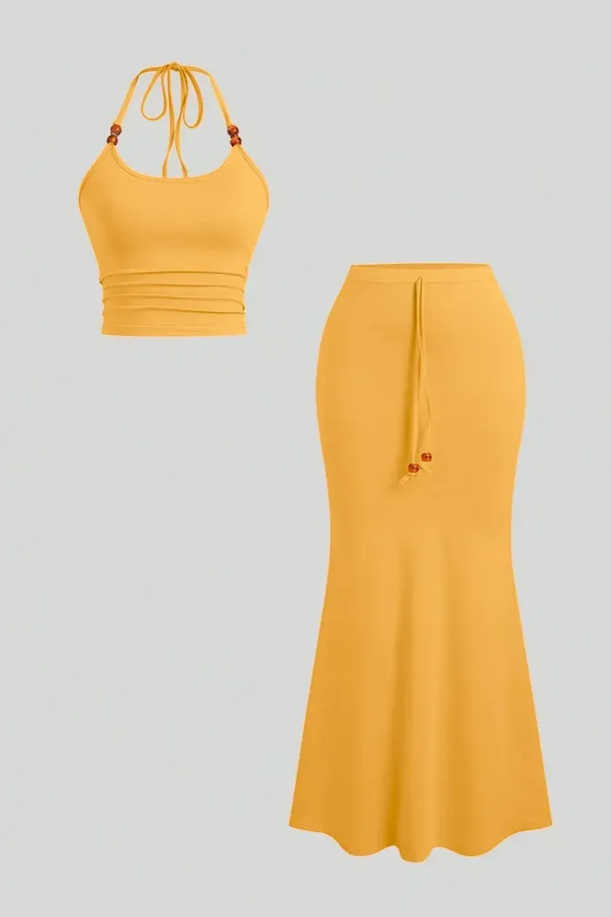 Orange Solid Halter Neck Co-Ord Set - Image 1