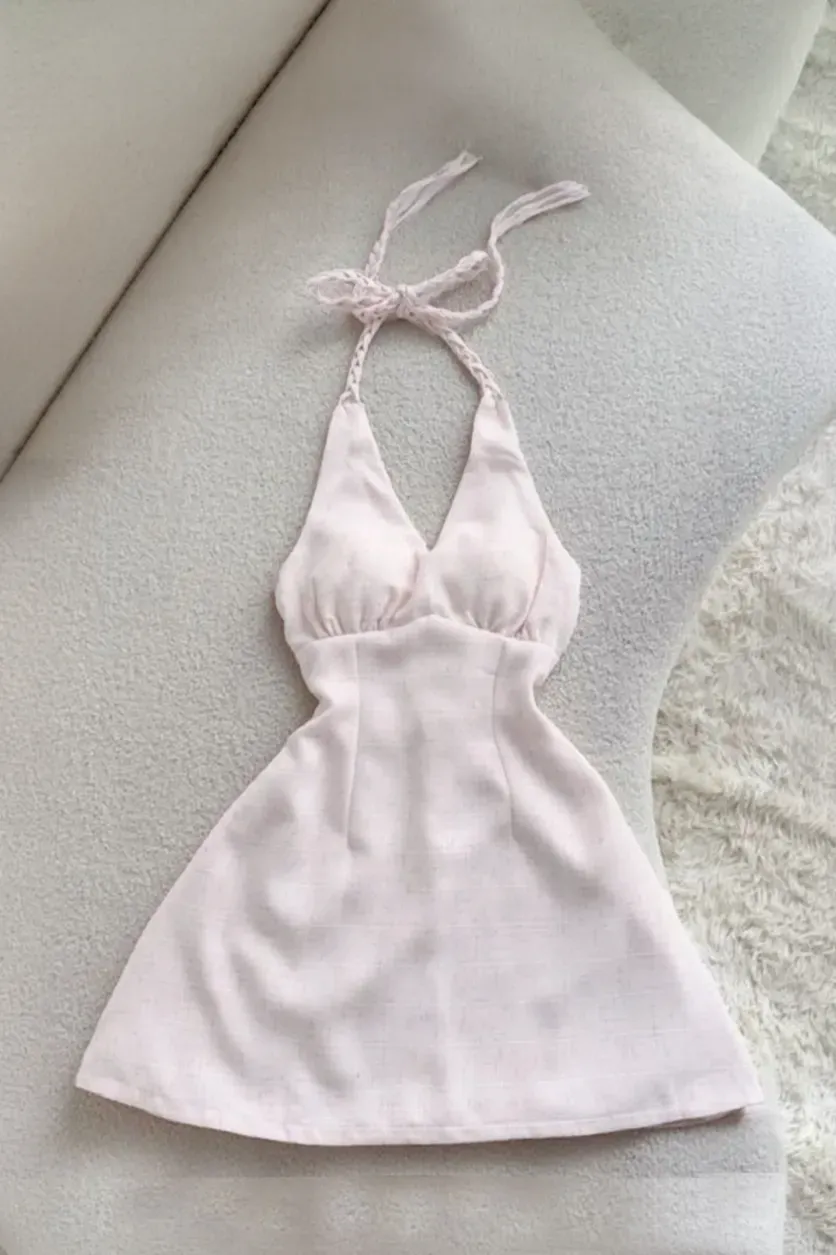 Light Pink Halter Neck Mini Dress - NEWME