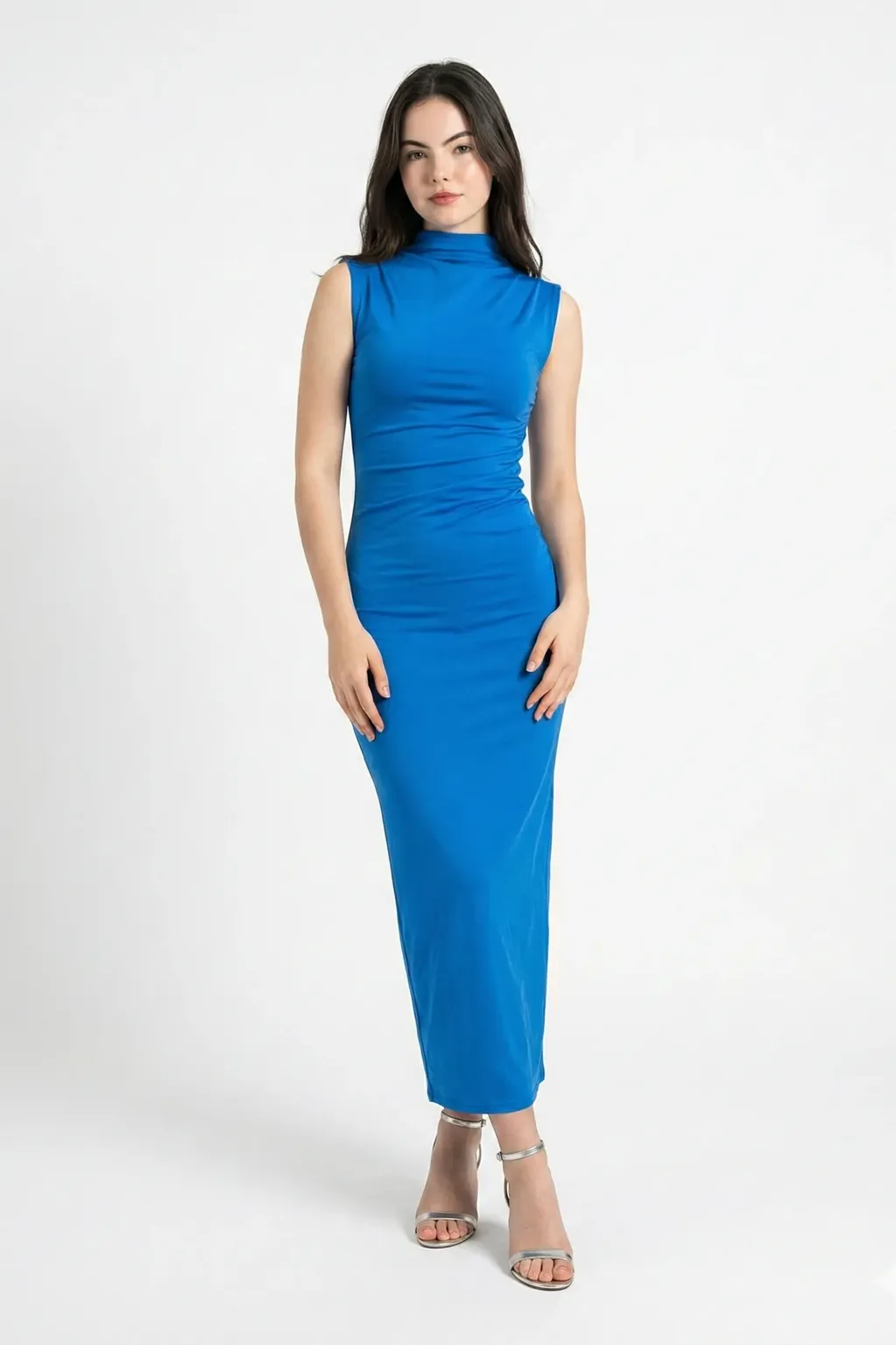 blue high neck bodycon dress Gathered Mock Midi Textured Knit A Line CATEGORY_DRESSES & JUMPSUITS Ruched bodycon midi dress May be worn with Size:US0-UK2-EUR30