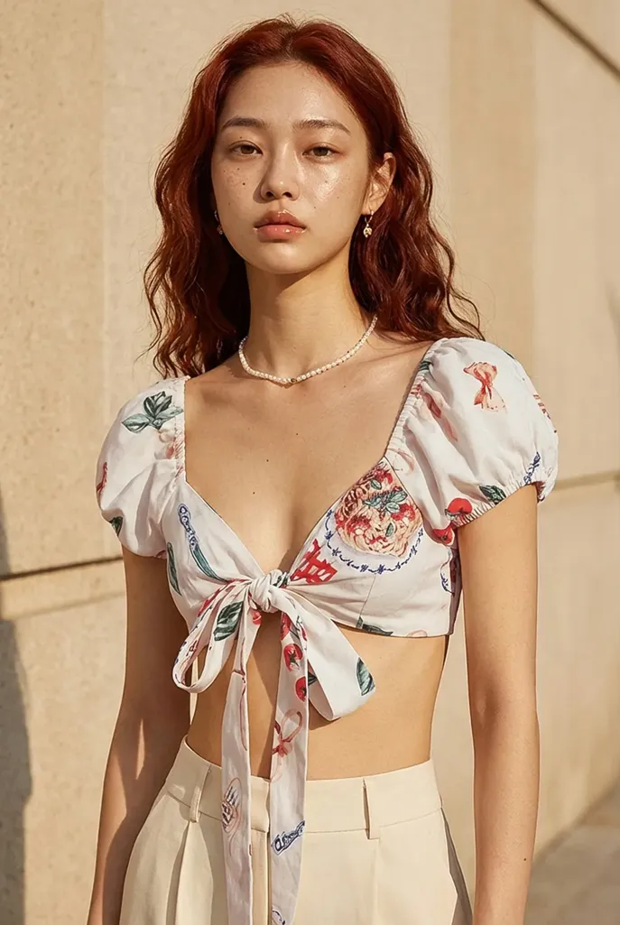 Cream Floral Tie-Up Crop Top - Image 1