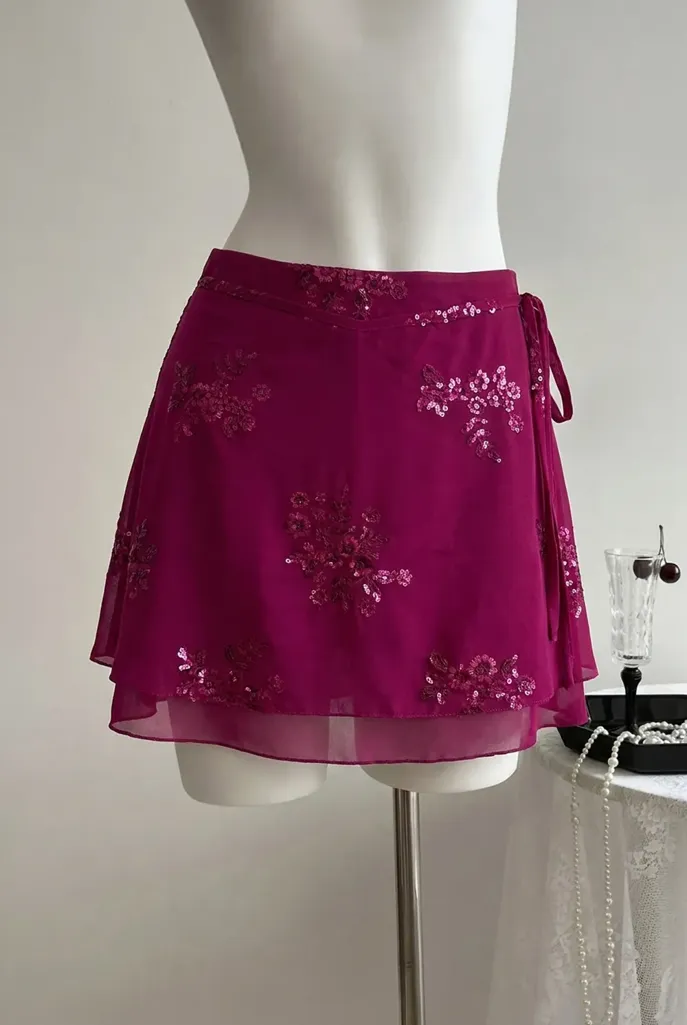 Pink Mid Rise Sequin Wrap Skirt - Image 1