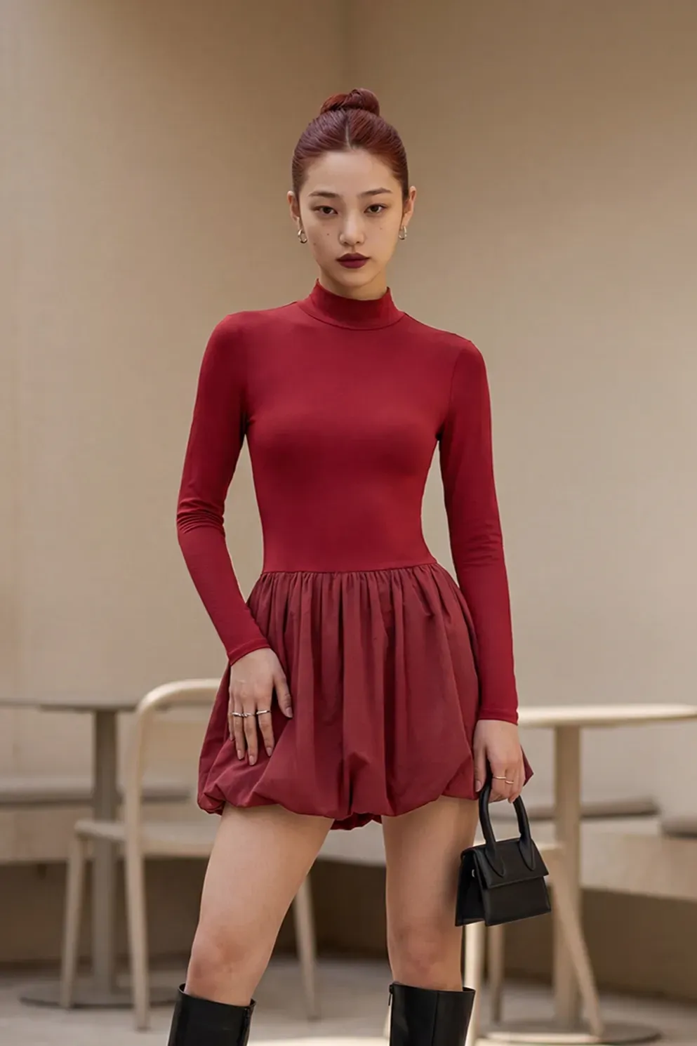Wine Turtle Neck Bubble Hem Mini Dress