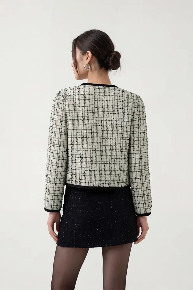 White Check Buttoned Tweed Jacket - NEWME
