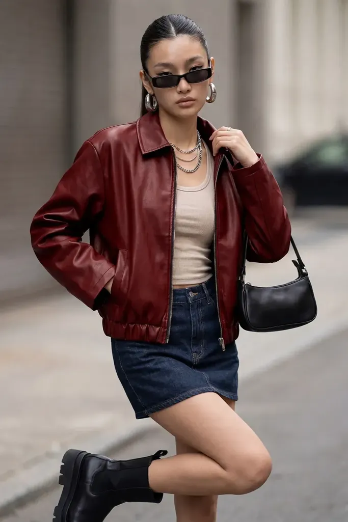 Wine PU Bomber Jacket - Image 1