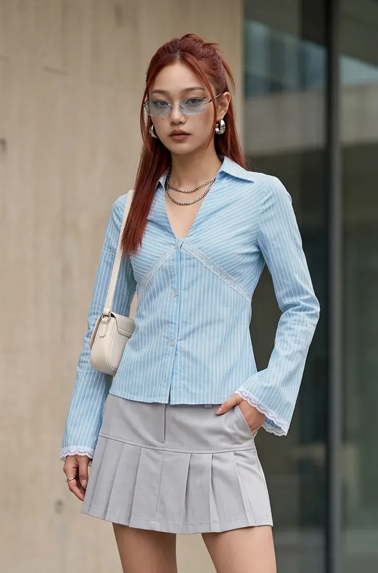 Blue Stripe With Lace Trim Inserts - NEWME