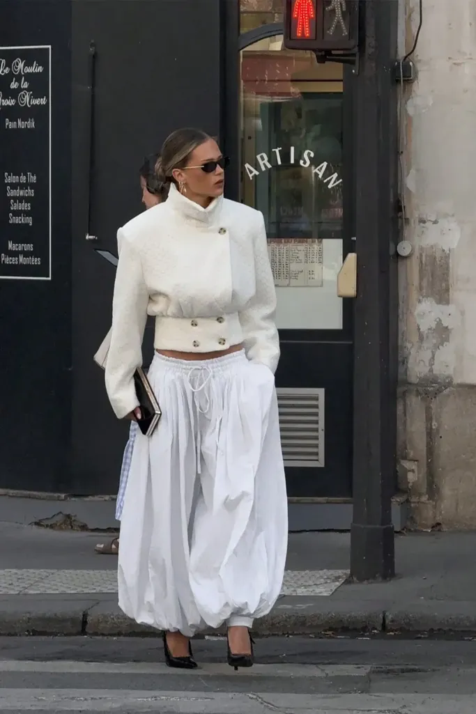 White Striped Drawstring Balloon Pants - Image 1