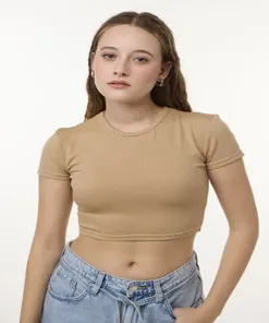 Beige Solid Cropped Top - NEWME