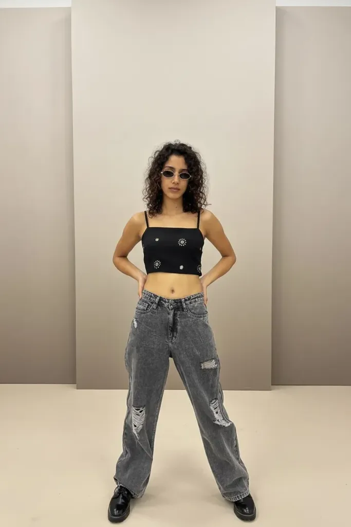 Black Square Neck Crop Top - Image 1