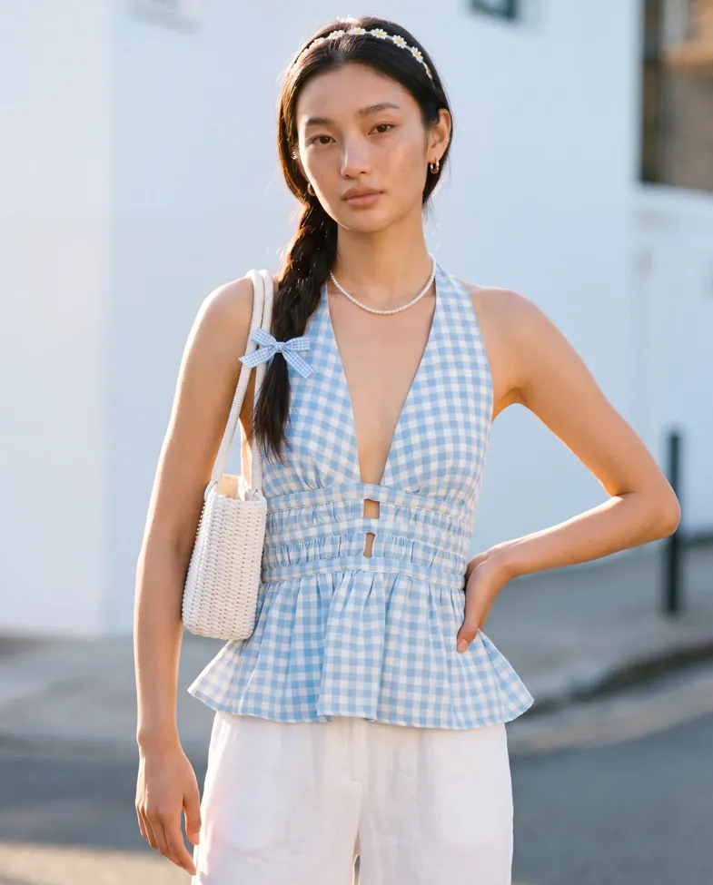 Light Blue Gingham Halter Top - Image 1
